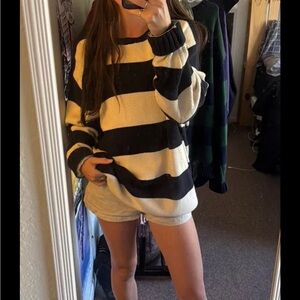 Brandy Melville Black and Cream Striped Crewneck Sweater